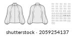 Set of blouses, tops, shirts technical fashion illustration with fitted oversized body, short elbow long sleeves. Flat apparel template front, back, grey color style. Women, men, unisex CAD mockup