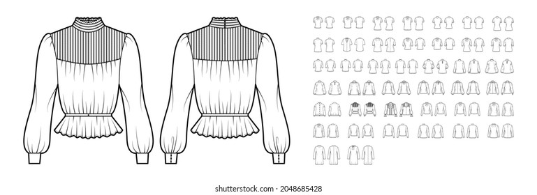 Set of blouses, tops, shirts technical fashion illustration with fitted oversized body, short elbow long sleeves. Flat apparel template front, back, white color style. Women, men, unisex CAD mockup
