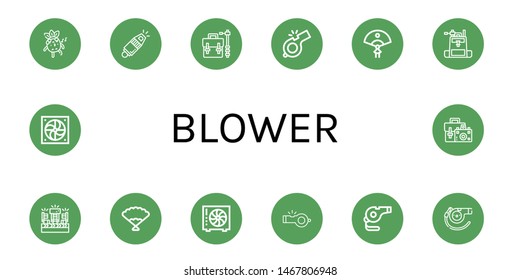 Set of blower icons such as Whistle, Camera bag, Fan, Fans , blower