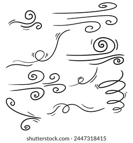 Set of blowing wind vector icon in doodle style. Symbol in simple design. Cartoon object hand drawn isolated on white background.