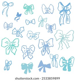 Set of blu ribbons, Vector graphic isolated, doodle, hand draw, with texture, childlike nice and light.
