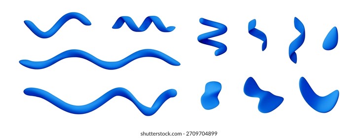 Conjunto de Formas geométricas caóticas de confeti abstracto 3d azul. Formas onduladas y espirales para elemento de diseño, infografía, póster, Anuncio, presentación, Web, Gráficos para video. Ilustración vectorial