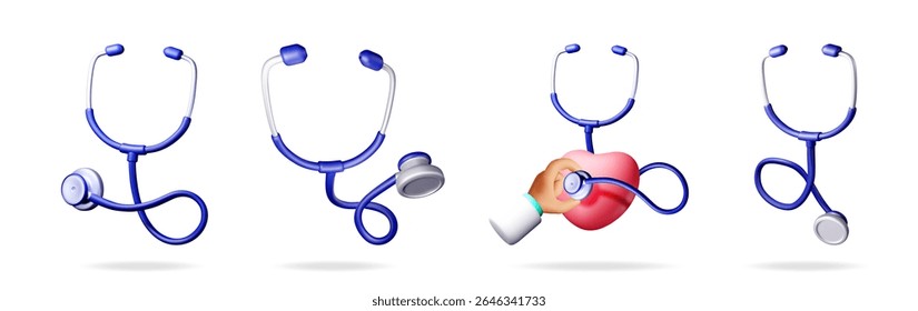 Set of blue 3d medical stethoscopes with a doctor's hand checking a heart. Health care, medical examination and cardiology concept.
