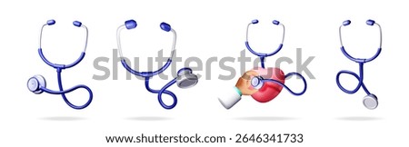Set of blue 3d medical stethoscopes with a doctor's hand checking a heart. Health care, medical examination and cardiology concept.