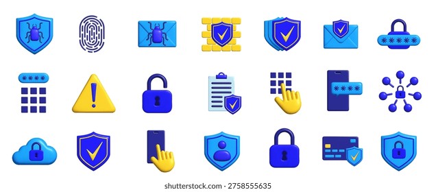 Set of blue 3d security icons show protection with shields locks and passwords. Vector illustration
