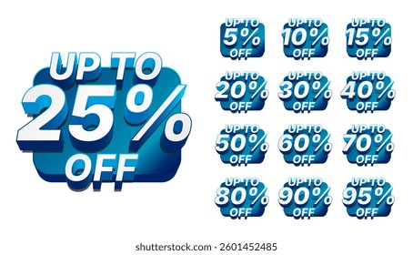 A set of blue 3d stickers with a different percentage discount