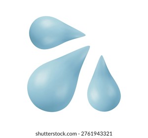 Set of blue 3D water drop icons including sweat droplets and tears. Minimalist glossy realistic droplets for communication, weather, health, and social media interfaces isolated on a white background.