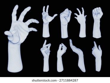 Satz blauer 3D-Drahtmodell-Zeiger. Digitale Mesh-Gesten, einschließlich Zeige, Faust, Greifen, Greifen und Quetschen. Futuristische Technologie, VR, KI und Robotik-Konzept. Cyber polygonale Armmodelle.