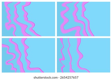 Set of blue abstract backgrounds with pink waves. Plenty of free space for text. Flat vector illustration.