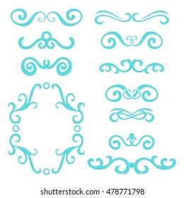 Set of blue abstract curly headers, design element set isolated on white background. Hand drawn turquoise swirls. Floral round frame, wreath, dividers, calligraphic shapes. Vector illustration. 