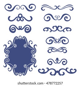Set of blue abstract curly headers, design element set isolated on white background. Hand drawn navy blue swirls. Floral round frame, wreath, dividers, calligraphic shapes. Vector illustration. 