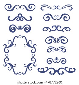 Set of blue abstract curly headers, design element set isolated on white background. Hand drawn navy blue swirls. Floral round frame, wreath, dividers, calligraphic shapes. Vector illustration. 