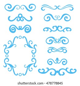 Set of blue abstract curly headers, design element set isolated on white background. Hand drawn blue swirls. Floral round frame, wreath, dividers, calligraphic shapes. Vector illustration. 
