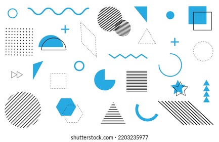 A set of blue abstract geometric shapes for web design, posters, flyers, covers, backgrounds. Vector memphis design elements	
