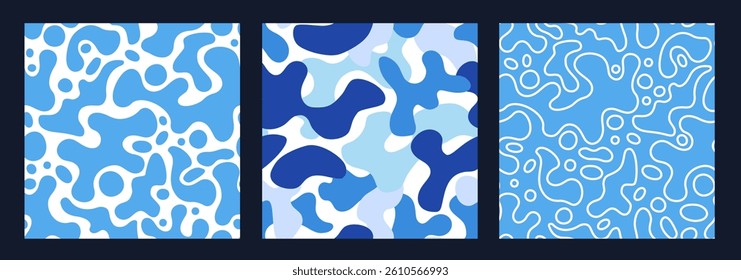 Set of blue abstract modern seamless patterns in water, liquid and stain style. Design for wrapping, backgrounds, printing on fabric and textile in minimalist style, for summer and holidays
