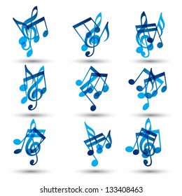 Set of blue abstract musical notes symbols, vectors collection.