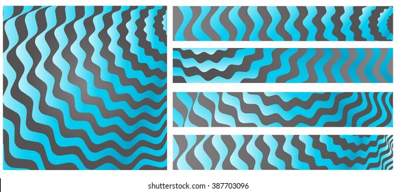 set of blue abstract shiny backgrounds, flyers, horizontal banners.Shell, water, stripes background. Vector business flyer template or corporate banner design with stripes and spiral sea waves.