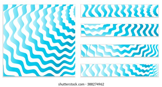 set of blue abstract shiny wavy backgrounds, flyers, horizontal banners.Shell, water, stripes background. Vector business flyer template or corporate banner design with stripes and spiral sea waves.