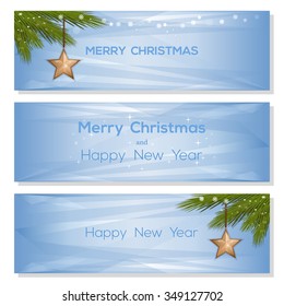 Set  blue abstract triangle geometrical vector background with Christmas balls and fir branches. Merry Christmas and Happy New Year.