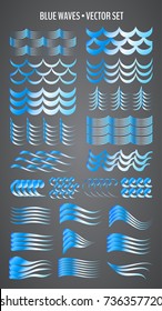 Set of blue abstract wave symbols isolated on grey background. Vector wave icons.