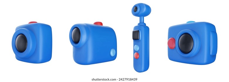 Set blue action camera in bright cartoon 3d style. Cute modern minimal vector illustration.