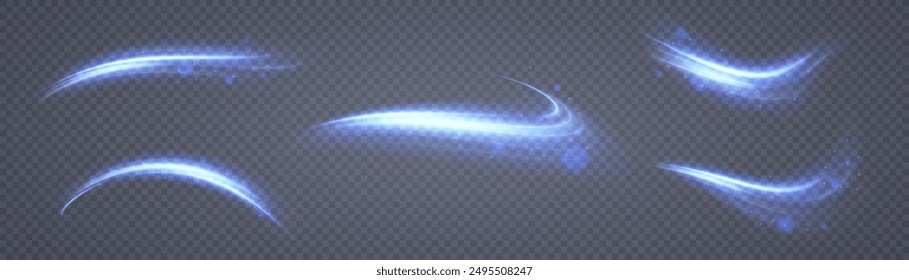 Set of blue air flow effects. Design element for air or water flow visualization. Isolated on transparent background.