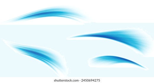 Set of blue air flow wave effects. Design element to visualize the flow of air or water. Isolated on white background.