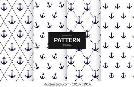 Set of  blue anchor seamless patterns on white background. Vector seamless nautical texture.