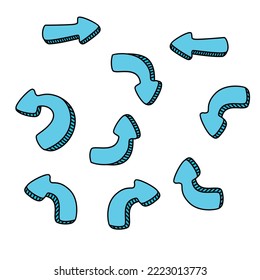 set of blue arrow doodle design vector. direction pointer sign and symbol.