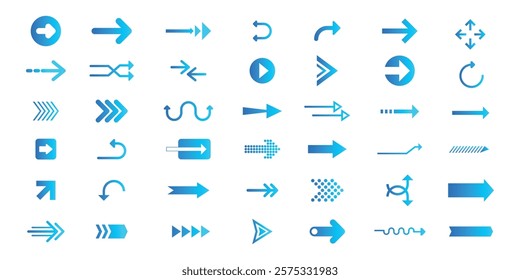 Set of blue arrow icons in various directions. Arrows pointing left, right, up, down. Curved, straight, and circular arrows. Navigation and direction symbols. Element vector set.