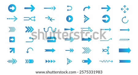 Set of blue arrow icons in various directions. Arrows pointing left, right, up, down. Curved, straight, and circular arrows. Navigation and direction symbols. Element vector set.