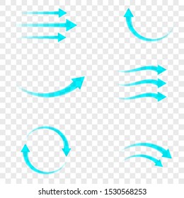 Set of blue arrow showing air flow isolated on transparent background. Vector design element. 
