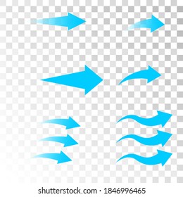 Set of blue arrow showing air flow isolated on transparent background. Vector design element.