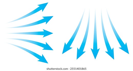 Satz blauer Pfeile, die den Luftstrom anzeigen. Luftstrom, Vektorgrafik, blauer kalter frischer Strom aus der Klimaanlage, Vektorgrafik einzeln auf weißem Hintergrund.