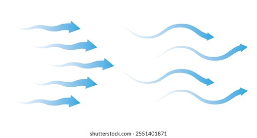 Conjunto de seta azul mostrando o fluxo de ar. Ilustração do vetor do fluxo de ar, fluxo fresco azul frio da ilustração do vetor do ar condicionado isolado no fundo branco.