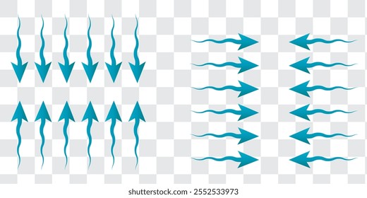 Set of blue arrow showing air or wind flow. Air conditioner direction. Isolated on transparent background element . 333