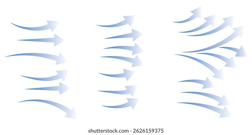 Set of blue arrow showing air flow. Air flow vector illustration, blue cold fresh stream from the air conditioner vector illustration isolated on white background.