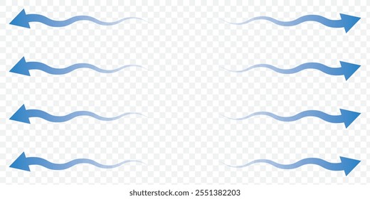 Set of blue arrow showing wind air flow isolated on white background, air direction signs. eps 10.