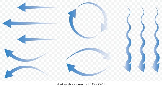 Set of blue arrow showing wind air flow isolated on white background, air direction signs. eps 10.