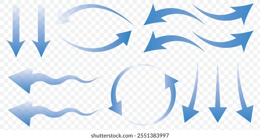 Conjunto de seta azul mostrando o fluxo de ar do vento isolado no fundo branco, sinais de direção do ar. eps 10.