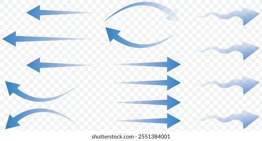 Set of blue arrow showing wind air flow isolated on white background, air direction signs. eps 10.