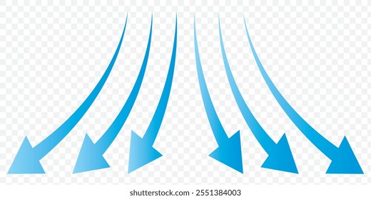 Set of blue arrow showing wind air flow isolated on white background, air direction signs. eps 10.