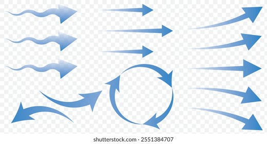 Set of blue arrow showing wind air flow isolated on white background, air direction signs - stock vector. Wind flow arrow direction. Air conditioner air flow direction set transparent background.
