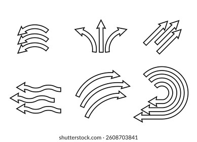 Set of blue arrow showing wind air flow isolated on white background, air direction.