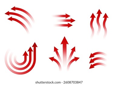Set of blue arrow showing wind air flow isolated on white background, air direction.