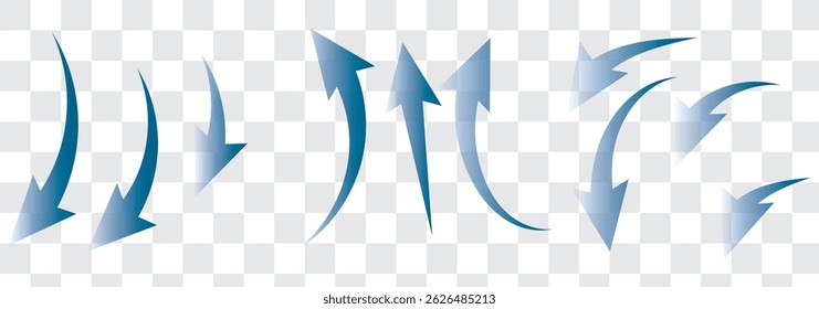 Set of blue arrow showing wind air flow isolated on white background, air direction signs. eps 10.