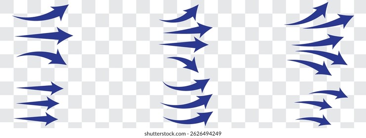 Set of blue arrow showing wind air flow isolated on white background, air direction signs