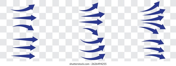 Set of blue arrow showing wind air flow isolated on white background, air direction signs