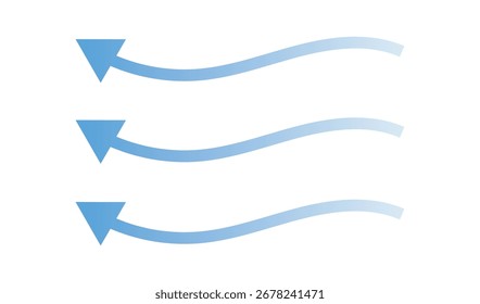Conjunto de seta azul mostrando o fluxo de ar do vento isolado no fundo branco, sinais de direção do ar - vetor de estoque