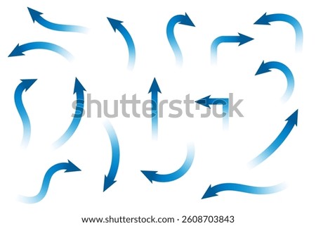 Set of blue arrow showing wind air flow isolated on white background, air direction.